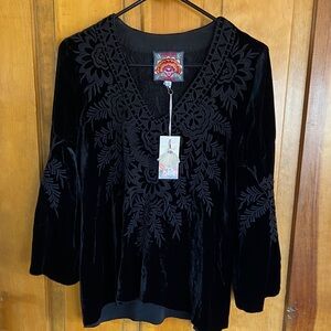 Johnny Was Black Velvet Top with Floral Embroidery